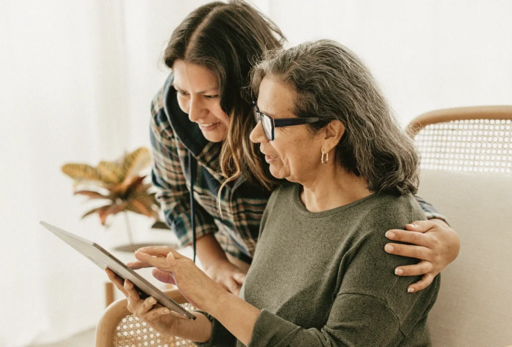 Women researching on tablet